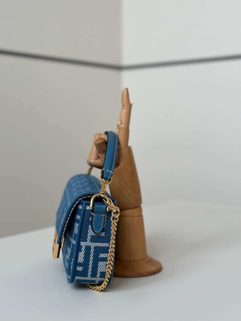 Fendi 8BS017  Baguette Mini Blue denim-effect FF jacquard bag