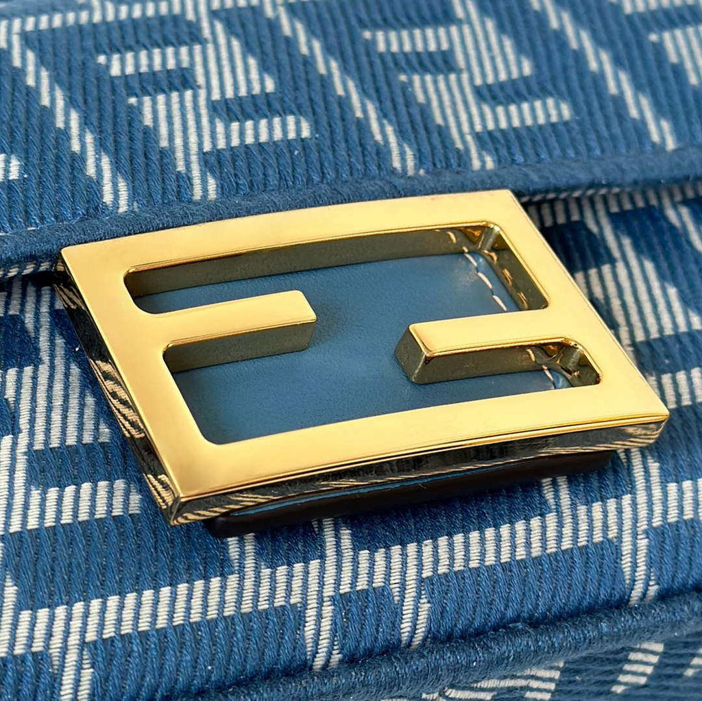 Fendi 8BS017  Baguette Mini Blue denim-effect FF jacquard bag