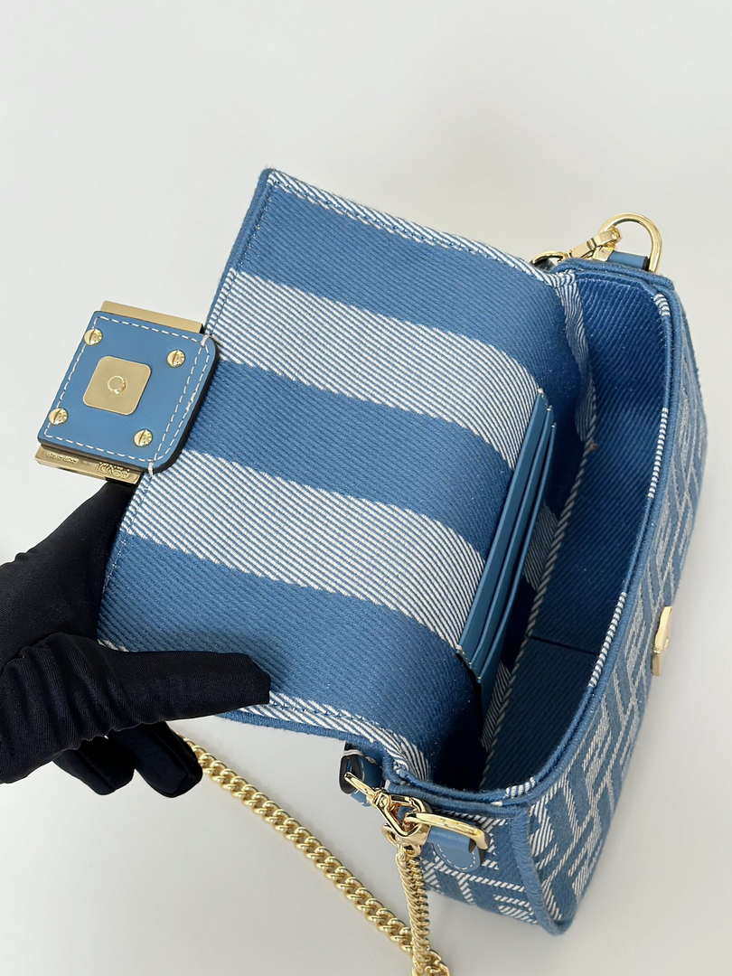 Fendi 8BS017  Baguette Mini Blue denim-effect FF jacquard bag