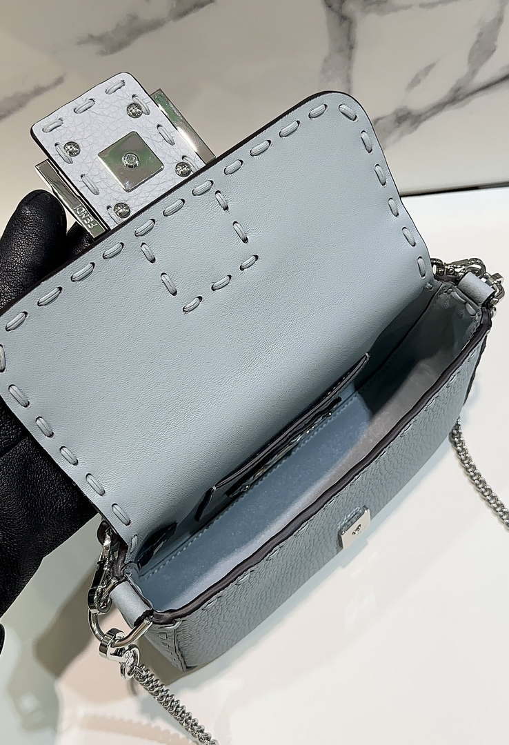 Fendi 8BS017 Baguette Mini Blue Selleria bag with 309 hand-sewn Tpstitches 8610S