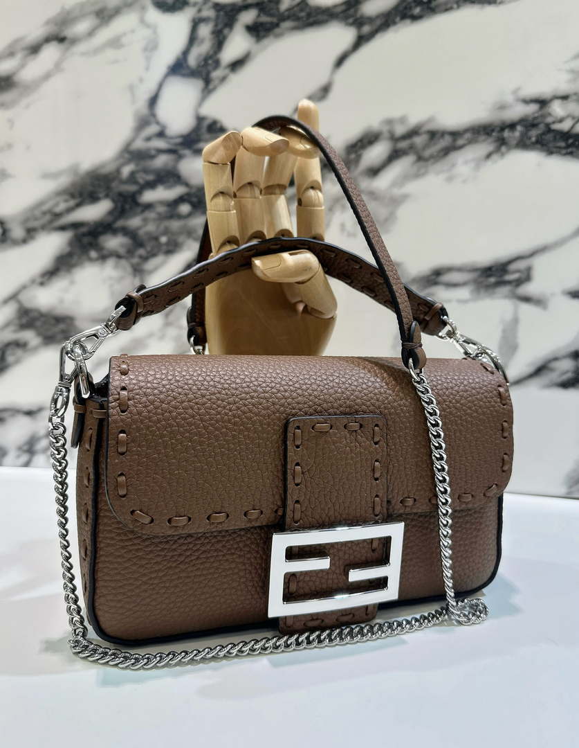 Fendi 8BS017 Baguette Mini Dark Brown Selleria bag with 309 hand-sewn Tpstitches 8610S - Default Title - View 1