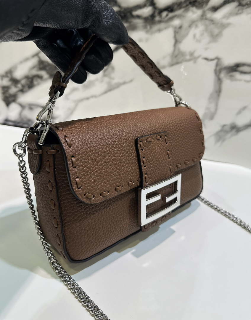 Fendi 8BS017 Baguette Mini Dark Brown Selleria bag with 309 hand-sewn Tpstitches 8610S - Default Title - View 2