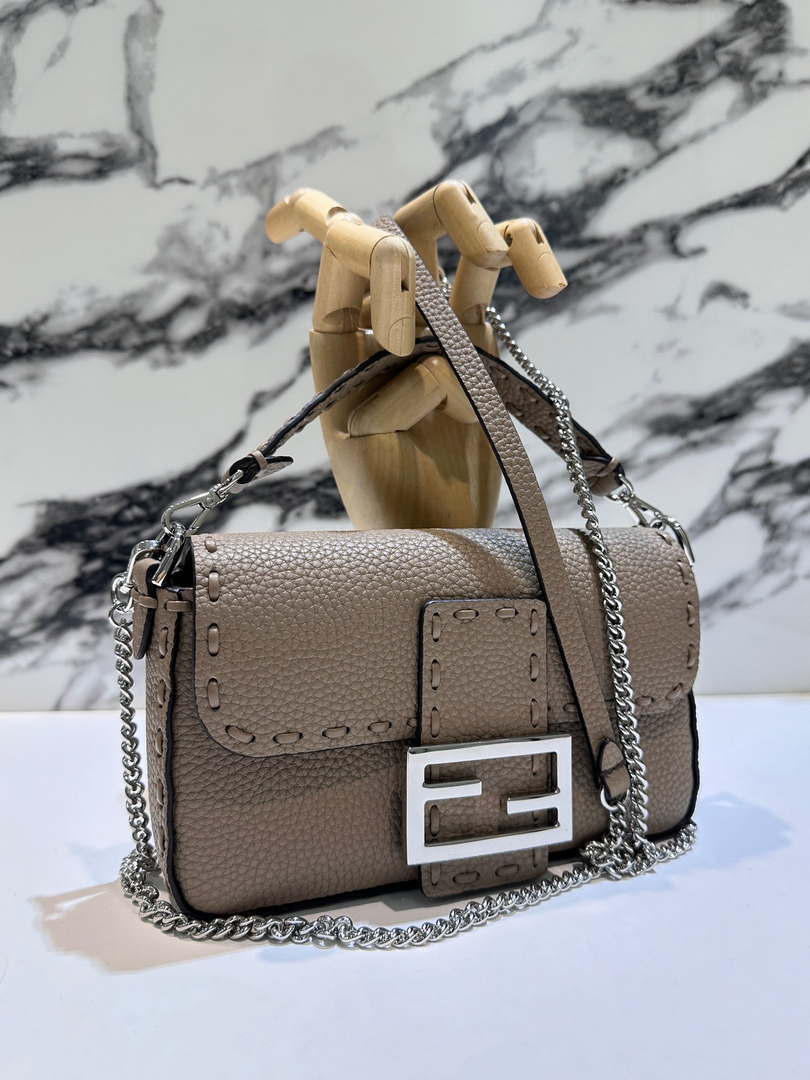 Fendi 8BS017 Baguette Mini Gray Selleria bag with 309 hand-sewn Tpstitches 8610S - Default Title - View 1