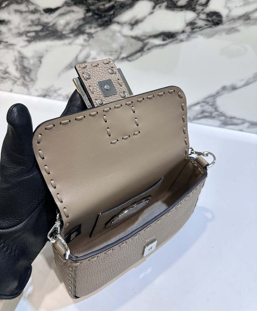 Fendi 8BS017 Baguette Mini Gray Selleria bag with 309 hand-sewn Tpstitches 8610S