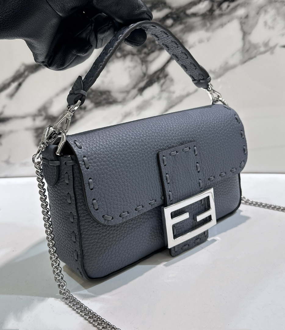 Fendi 8BS017 Baguette Mini Gray Blue Selleria bag with 309 hand-sewn Tpstitches 8610S - Default Title - View 2