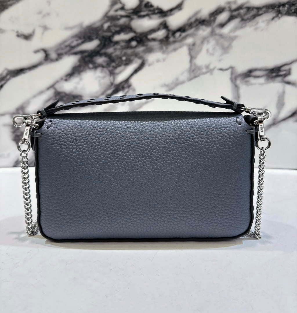 Fendi 8BS017 Baguette Mini Gray Blue Selleria bag with 309 hand-sewn Tpstitches 8610S