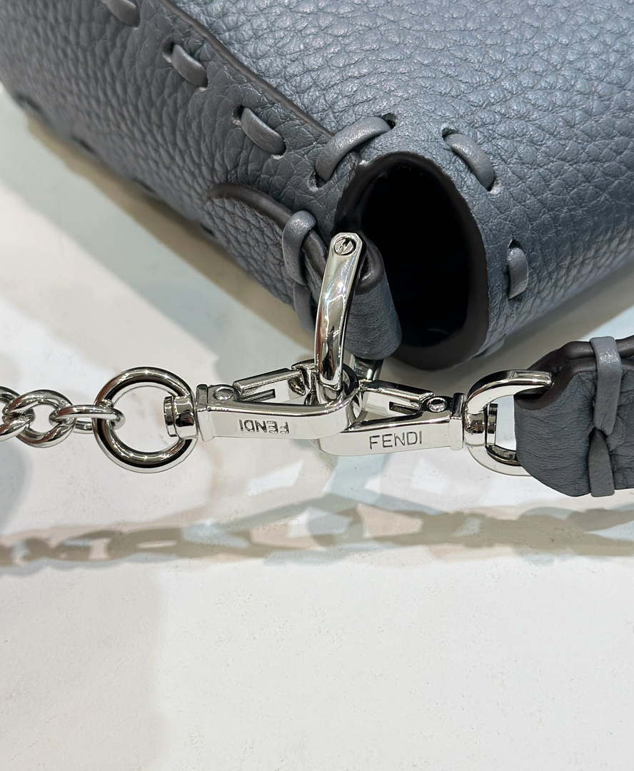 Fendi 8BS017 Baguette Mini Gray Blue Selleria bag with 309 hand-sewn Tpstitches 8610S