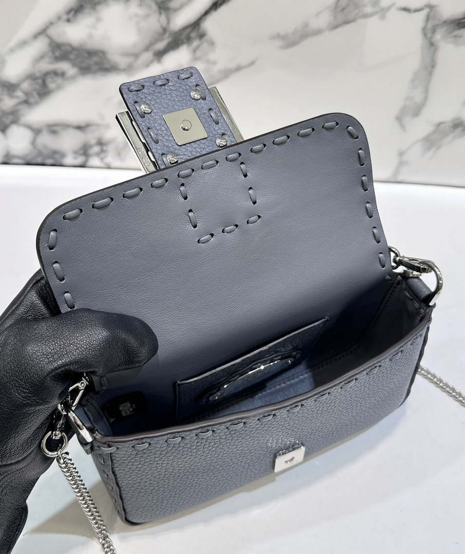 Fendi 8BS017 Baguette Mini Gray Blue Selleria bag with 309 hand-sewn Tpstitches 8610S - Default Title - View 9