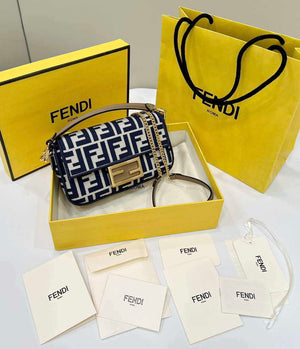Fendi 8BS017  Baguette Mini Navy denim-effect FF jacquard bag - Default Title - View 1