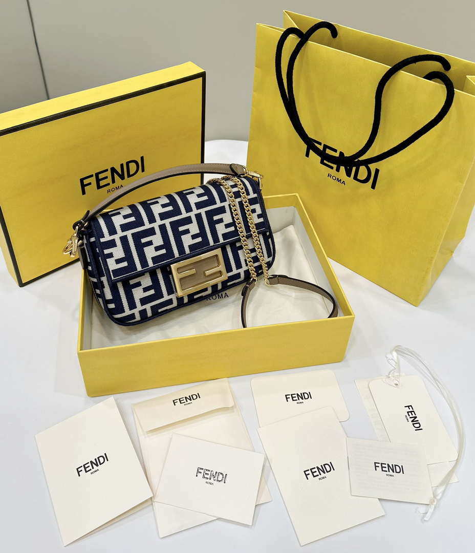 Fendi 8BS017  Baguette Mini Navy denim-effect FF jacquard bag - Default Title - View 1