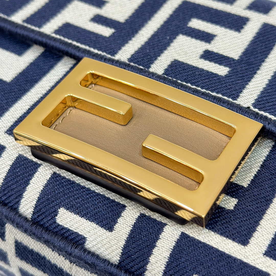 Fendi 8BS017  Baguette Mini Navy denim-effect FF jacquard bag