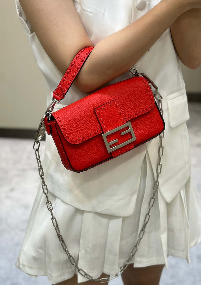 Fendi 8BS017 Baguette Mini Red Selleria bag with 309 hand-sewn Tpstitches 8610S