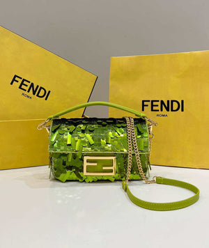 Fendi 8BS017 Mini Baguette Acid green sequin and leather bag 8601s - Default Title - View 1