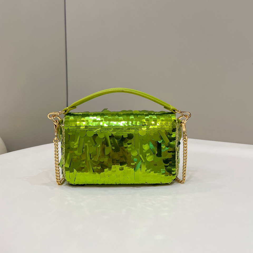 Fendi 8BS017 Mini Baguette Acid green sequin and leather bag 8601s