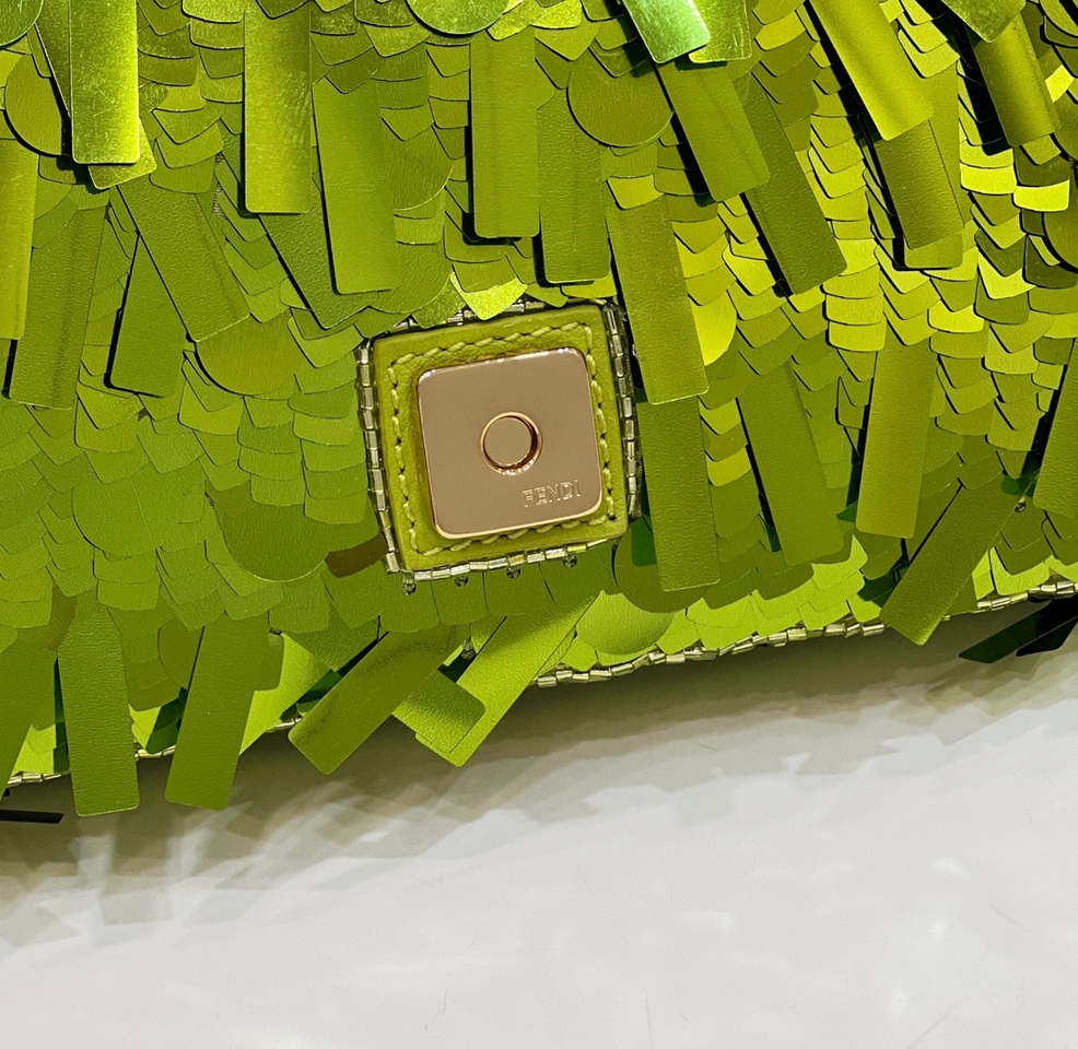 Fendi 8BS017 Mini Baguette Acid green sequin and leather bag 8601s