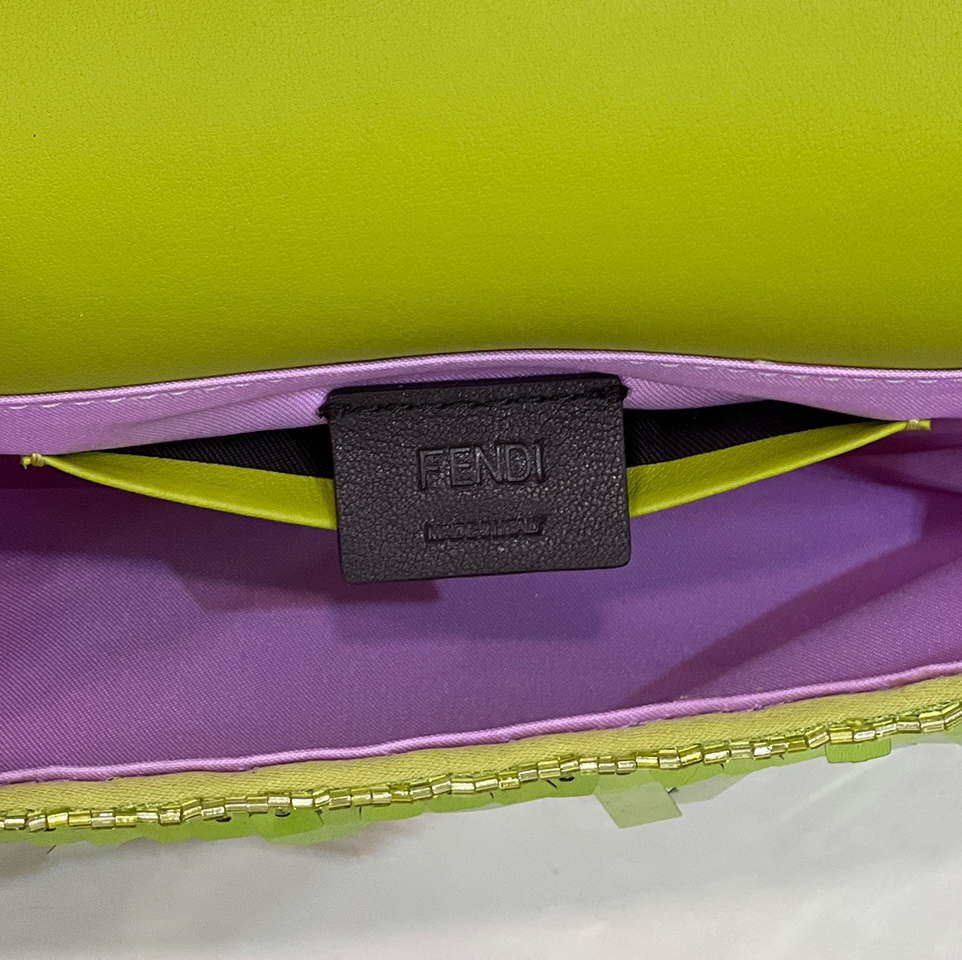 Fendi 8BS017 Mini Baguette Acid green sequin and leather bag 8601s