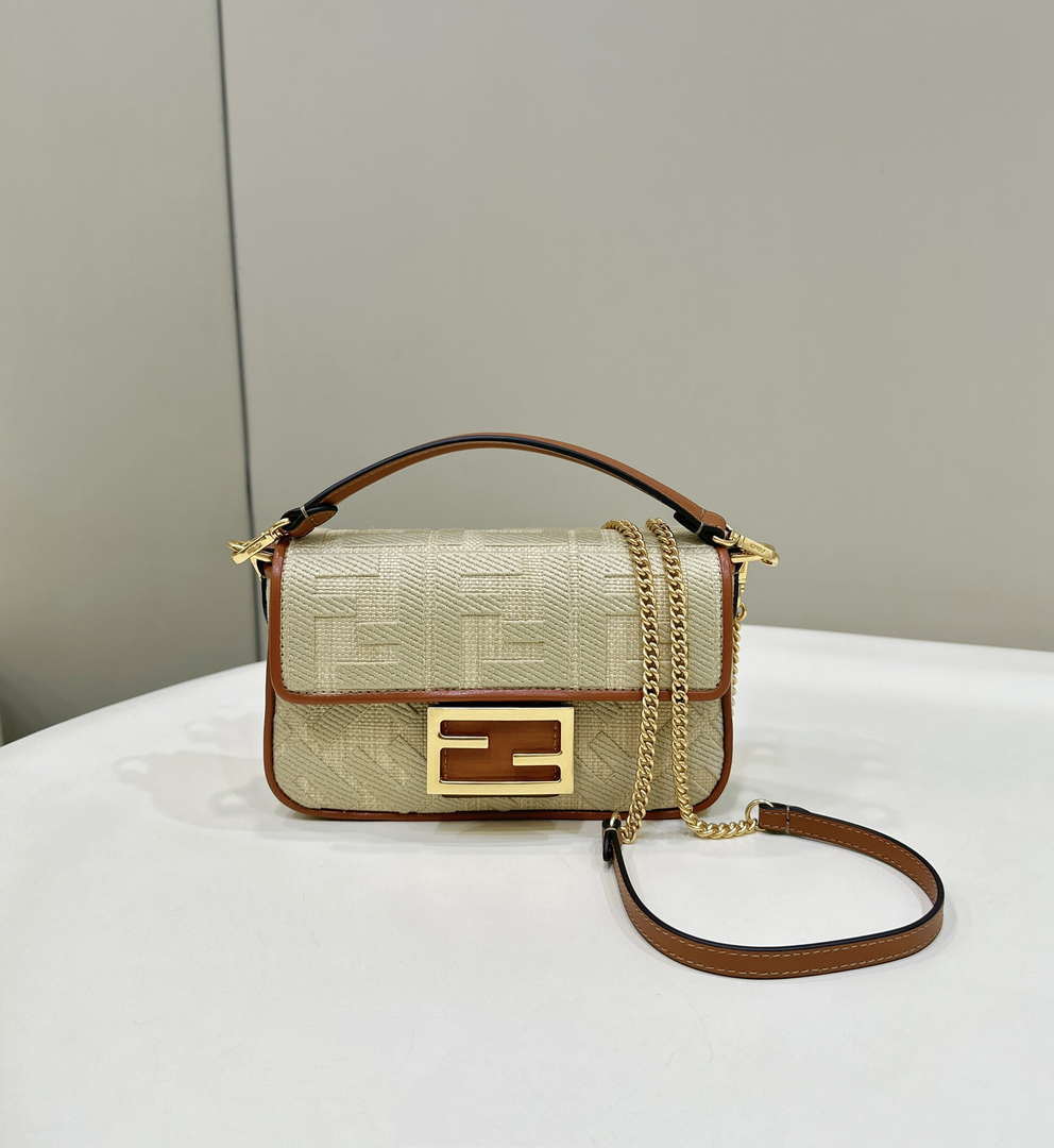 Fendi 8BS017 Mini Baguette Apricot canvas bag with FF embroidery 0159BS - Default Title - View 1