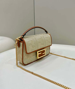 Fendi 8BS017 Mini Baguette Apricot canvas bag with FF embroidery 0159BS - Default Title - View 3