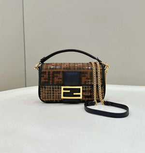 Fendi 8BS017 Mini Baguette Brown FF jacquard fabric bag with sequins - Default Title - View 1