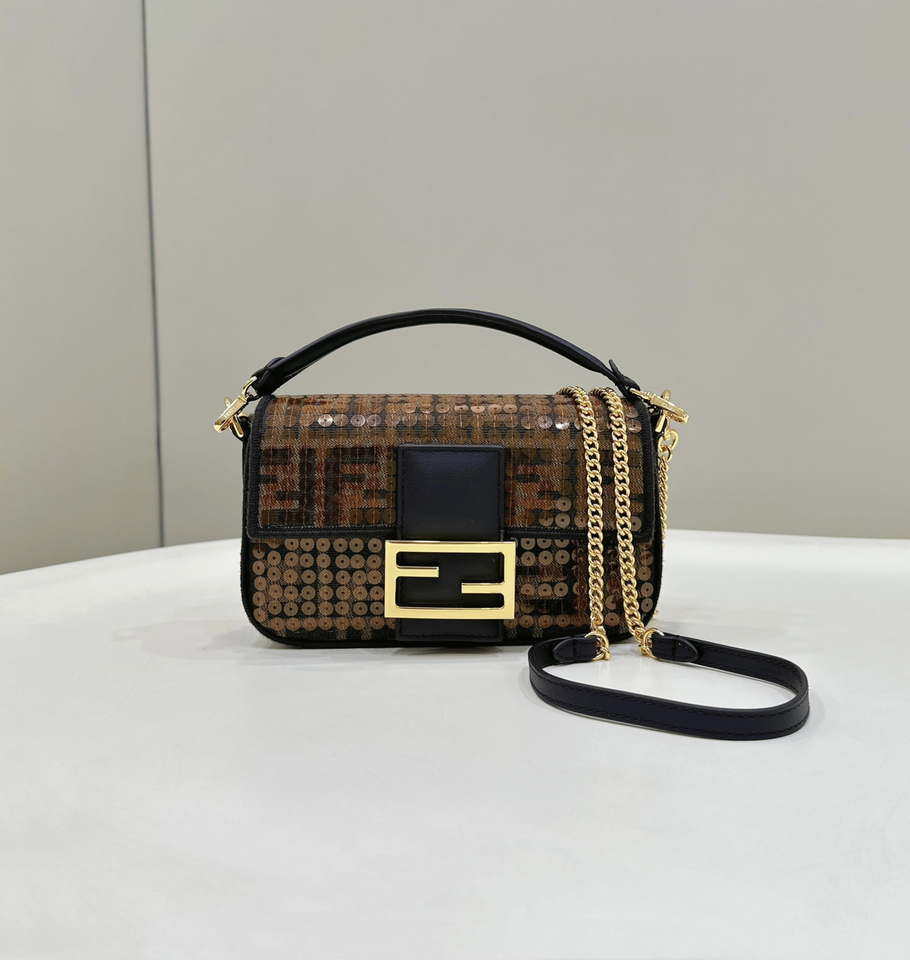 Fendi 8BS017 Mini Baguette Brown FF jacquard fabric bag with sequins - Default Title - View 1