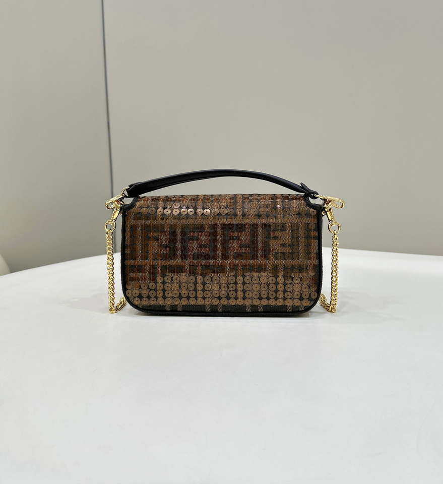 Fendi 8BS017 Mini Baguette Brown FF jacquard fabric bag with sequins