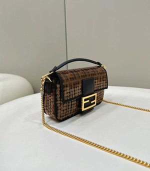 Fendi 8BS017 Mini Baguette Brown FF jacquard fabric bag with sequins - Default Title - View 3