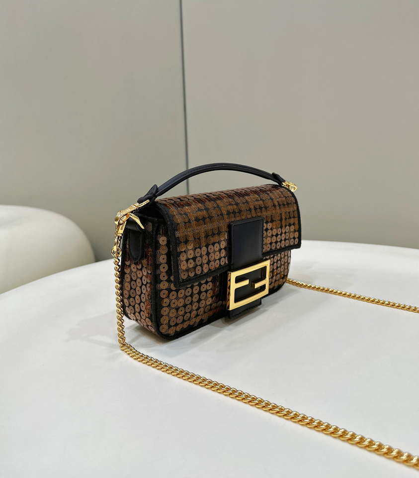 Fendi 8BS017 Mini Baguette Brown FF jacquard fabric bag with sequins - Default Title - View 3