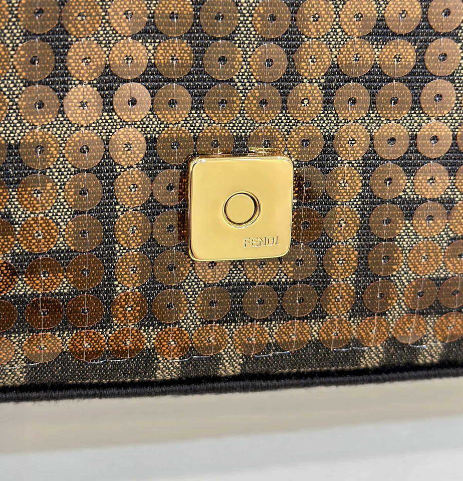 Fendi 8BS017 Mini Baguette Brown FF jacquard fabric bag with sequins