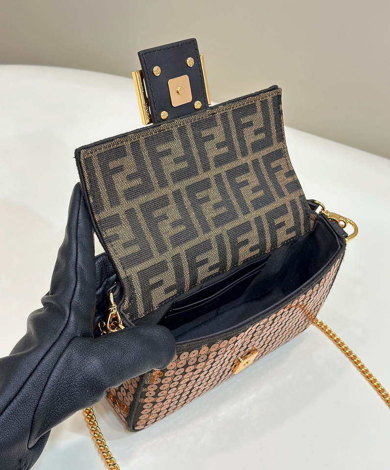 Fendi 8BS017 Mini Baguette Brown FF jacquard fabric bag with sequins - Default Title - View 9