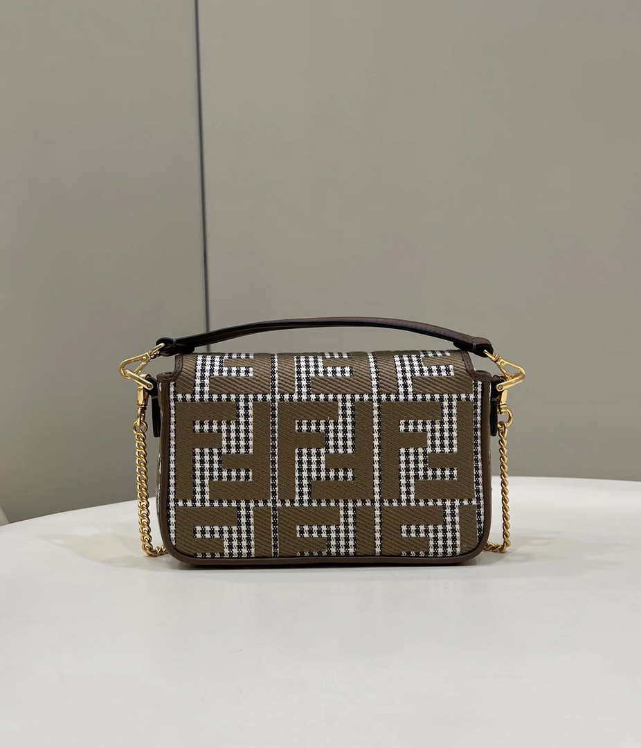 Fendi 8BS017 Mini Baguette Brown houndstooth wool bag with FF embroidery 8588S