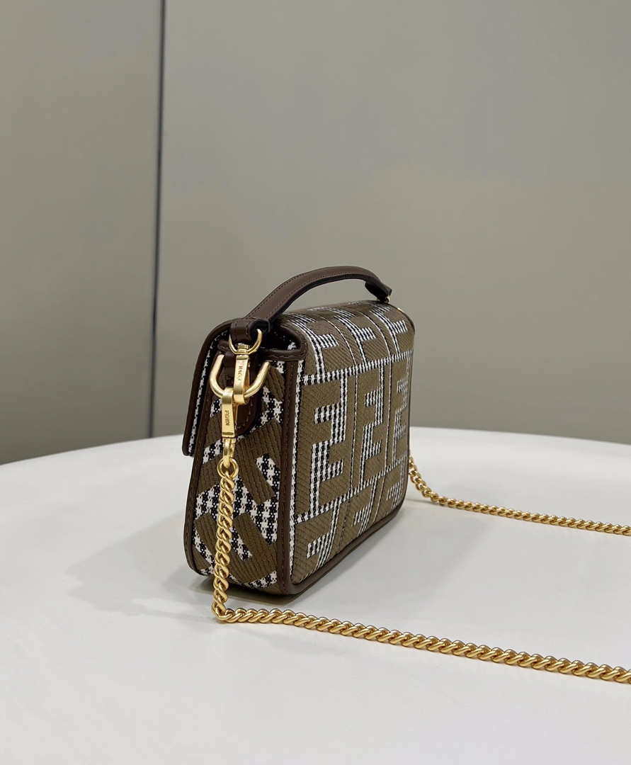 Fendi 8BS017 Mini Baguette Brown houndstooth wool bag with FF embroidery 8588S