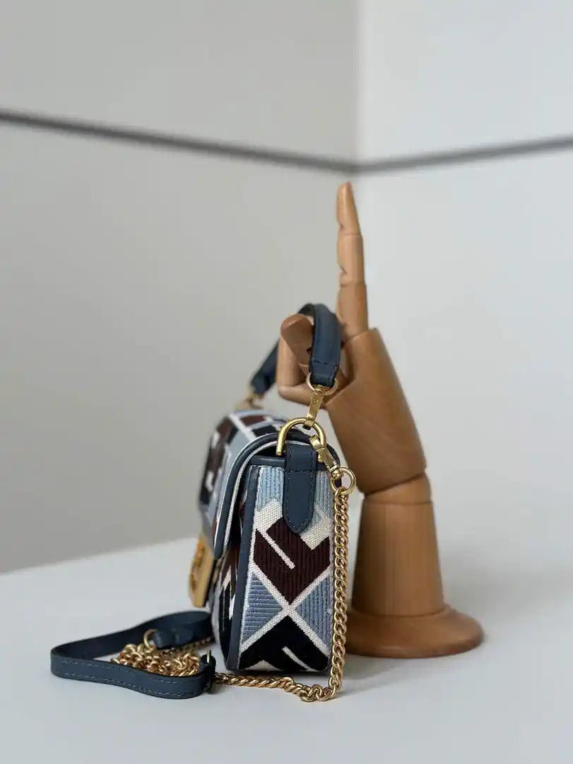Fendi 8BS017 Mini Baguette canvas bag with FF embroidery 0159BS Blue &Black