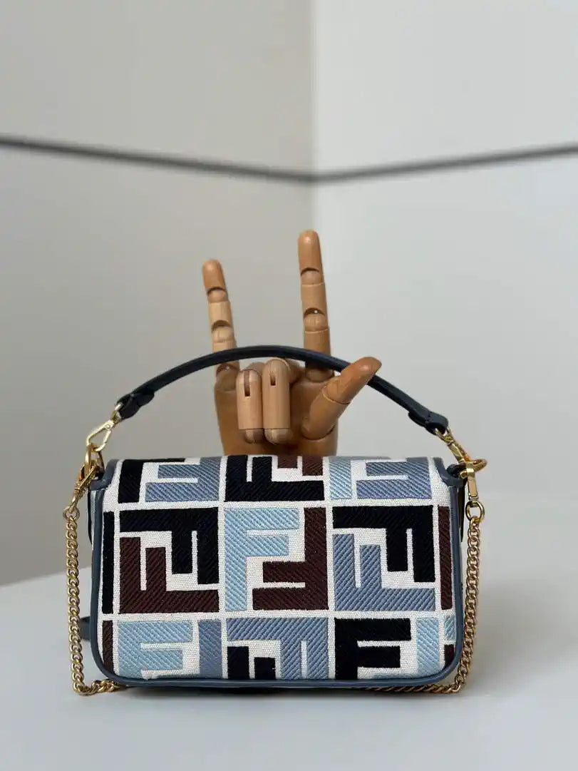 Fendi 8BS017 Mini Baguette canvas bag with FF embroidery 0159BS Blue &Black