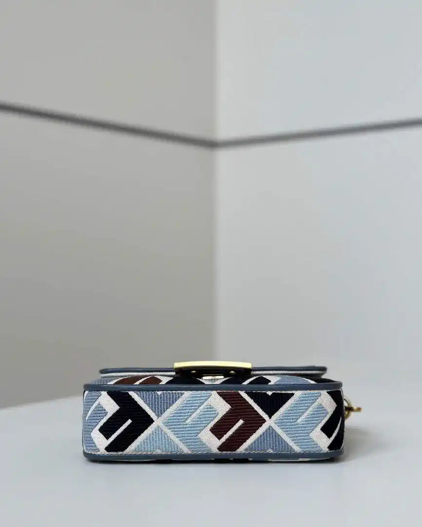 Fendi 8BS017 Mini Baguette canvas bag with FF embroidery 0159BS Blue &Black