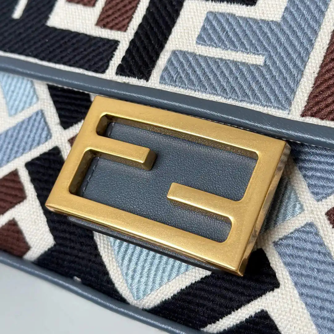 Fendi 8BS017 Mini Baguette canvas bag with FF embroidery 0159BS Blue &Black