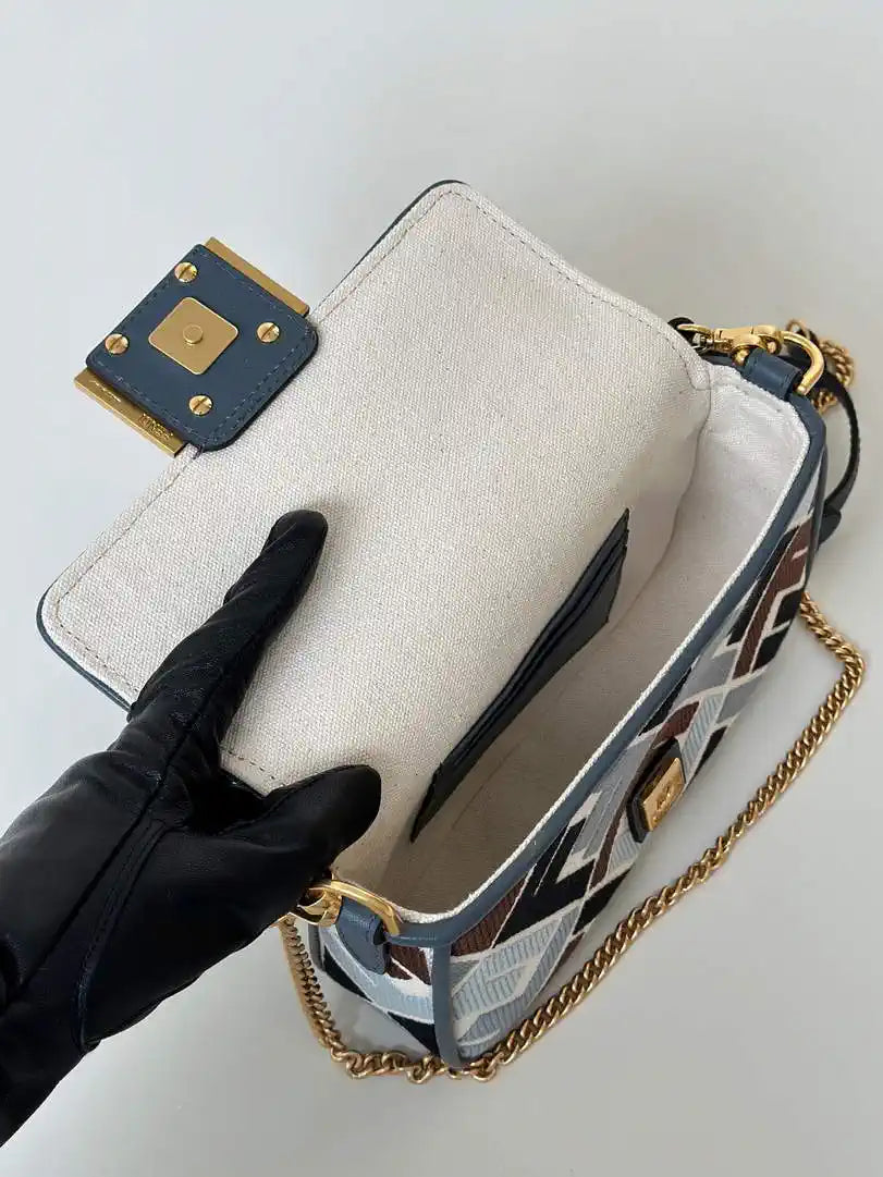 Fendi 8BS017 Mini Baguette canvas bag with FF embroidery 0159BS Blue &Black