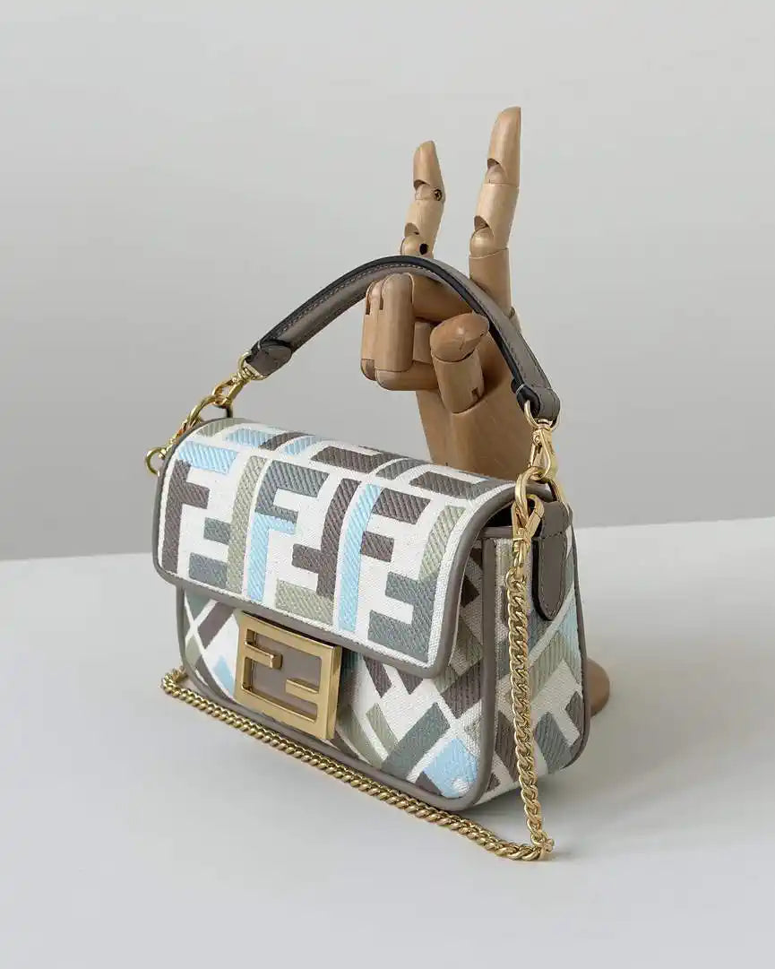 Fendi 8BS017 Mini Baguette canvas bag with FF embroidery 0159BS Ligth Blue