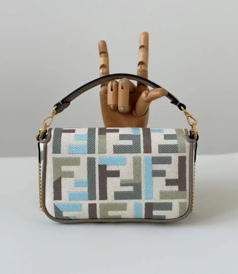 Fendi 8BS017 Mini Baguette canvas bag with FF embroidery 0159BS Ligth Blue