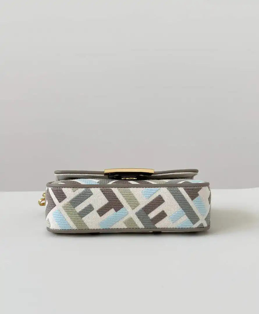 Fendi 8BS017 Mini Baguette canvas bag with FF embroidery 0159BS Ligth Blue