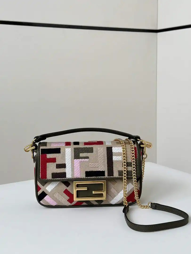Fendi 8BS017 Mini Baguette canvas bag with FF embroidery 0159BS Red Black