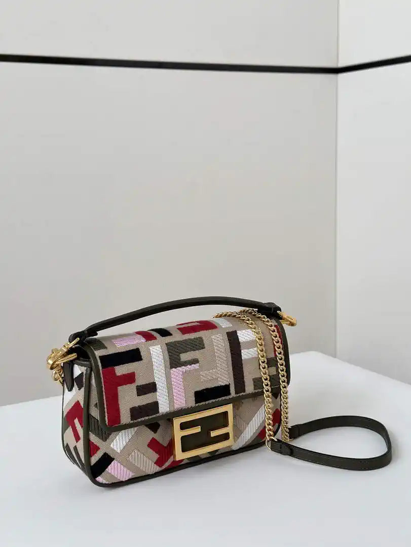 Fendi 8BS017 Mini Baguette canvas bag with FF embroidery 0159BS Red Black