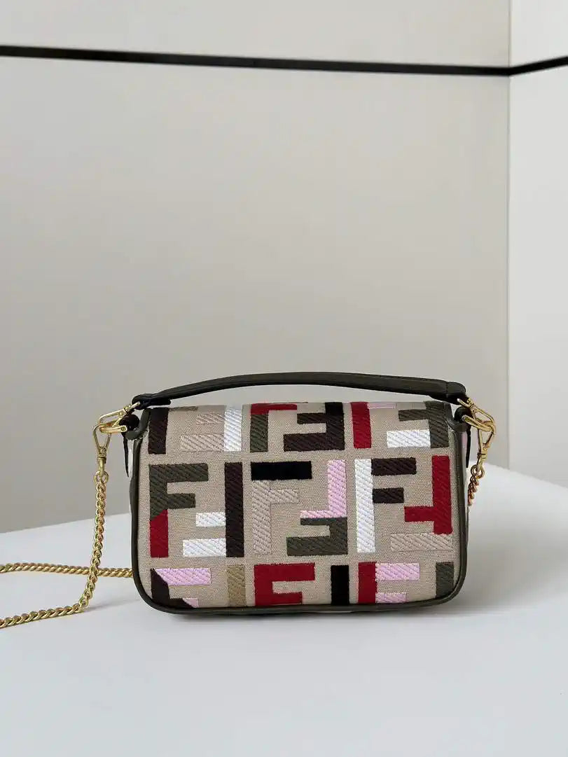Fendi 8BS017 Mini Baguette canvas bag with FF embroidery 0159BS Red Black