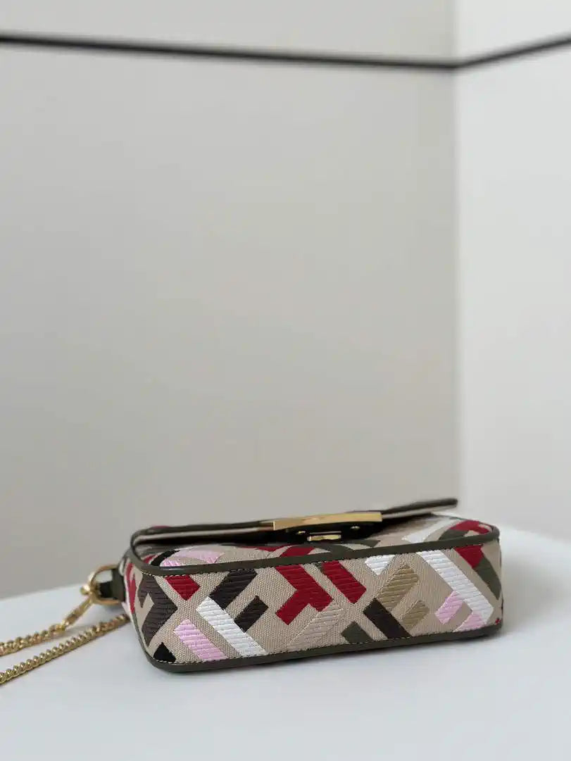 Fendi 8BS017 Mini Baguette canvas bag with FF embroidery 0159BS Red Black