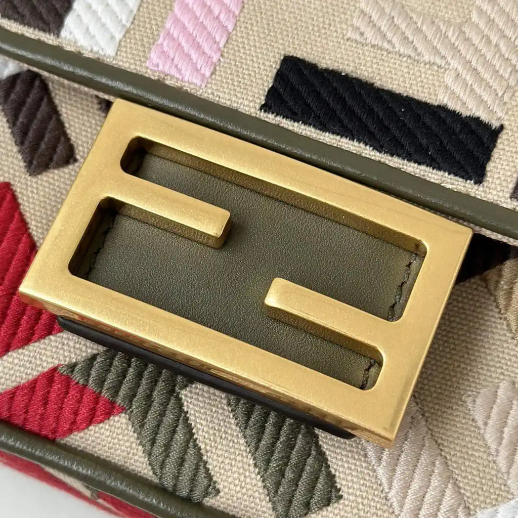 Fendi 8BS017 Mini Baguette canvas bag with FF embroidery 0159BS Red Black