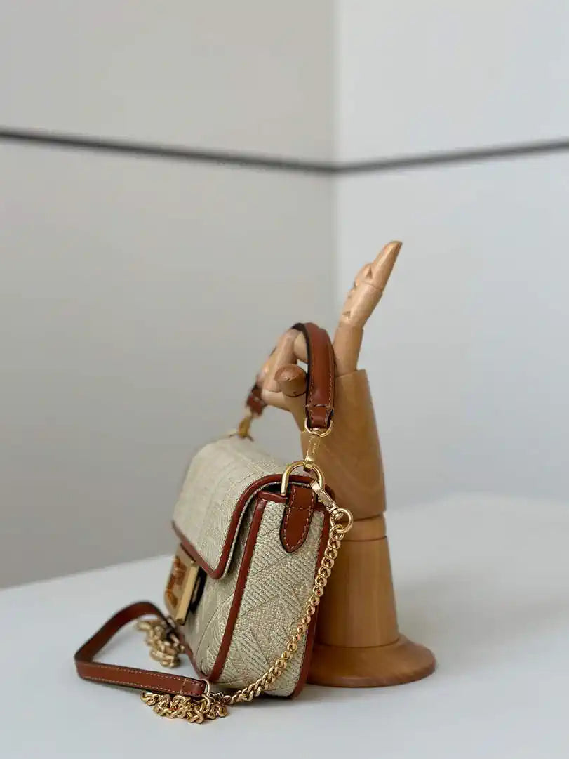 Fendi 8BS017 Mini Baguette canvas bag with FF embroidery 0159BS Tan