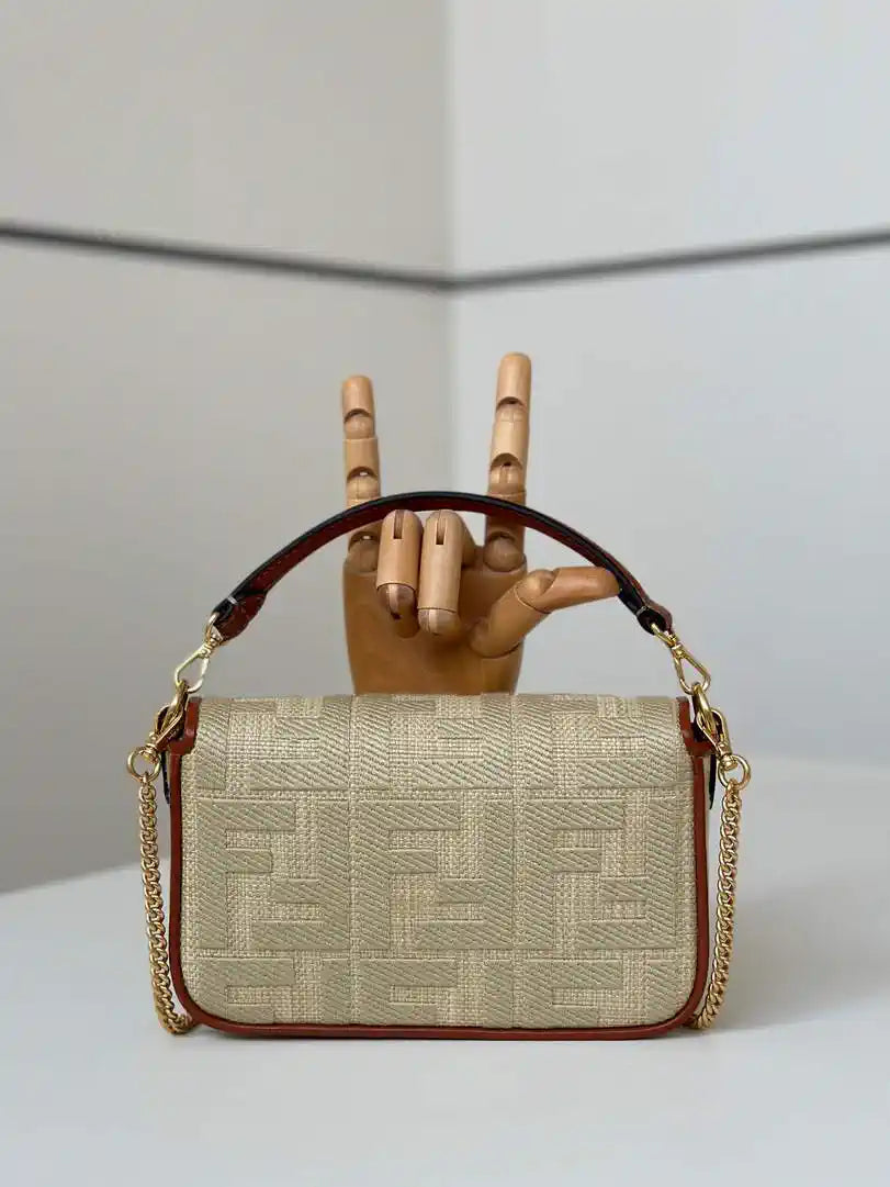 Fendi 8BS017 Mini Baguette canvas bag with FF embroidery 0159BS Tan