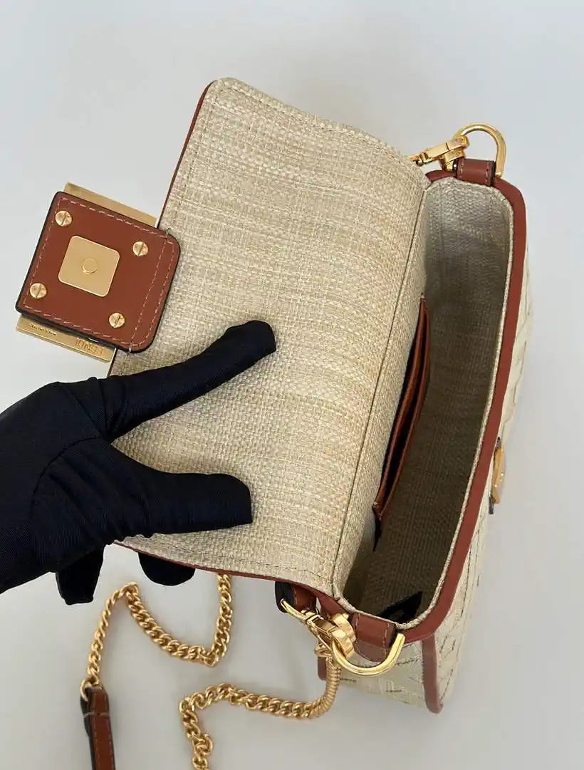 Fendi 8BS017 Mini Baguette canvas bag with FF embroidery 0159BS Tan
