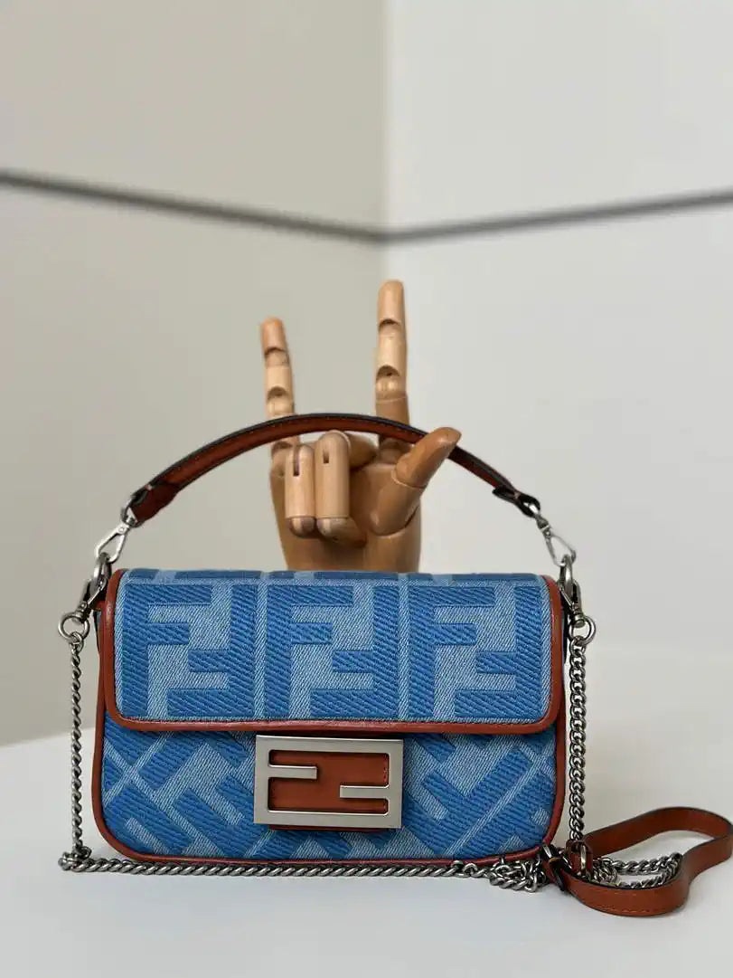 Fendi 8BS017 Mini Baguette canvas bag with FF embroidery 0159BS Blue