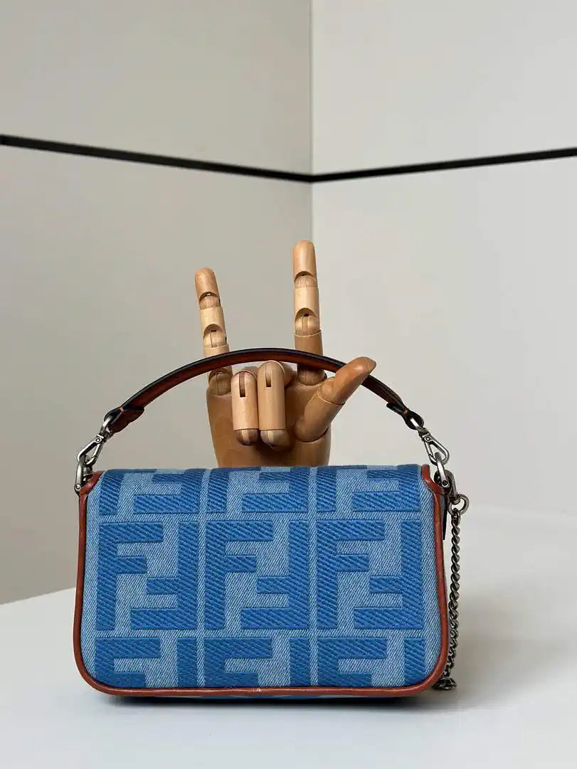 Fendi 8BS017 Mini Baguette canvas bag with FF embroidery 0159BS Blue