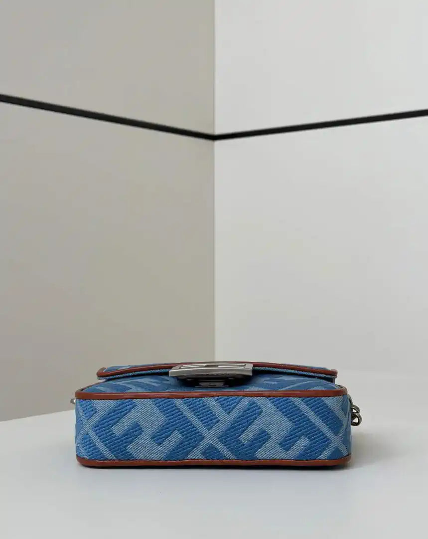 Fendi 8BS017 Mini Baguette canvas bag with FF embroidery 0159BS Blue